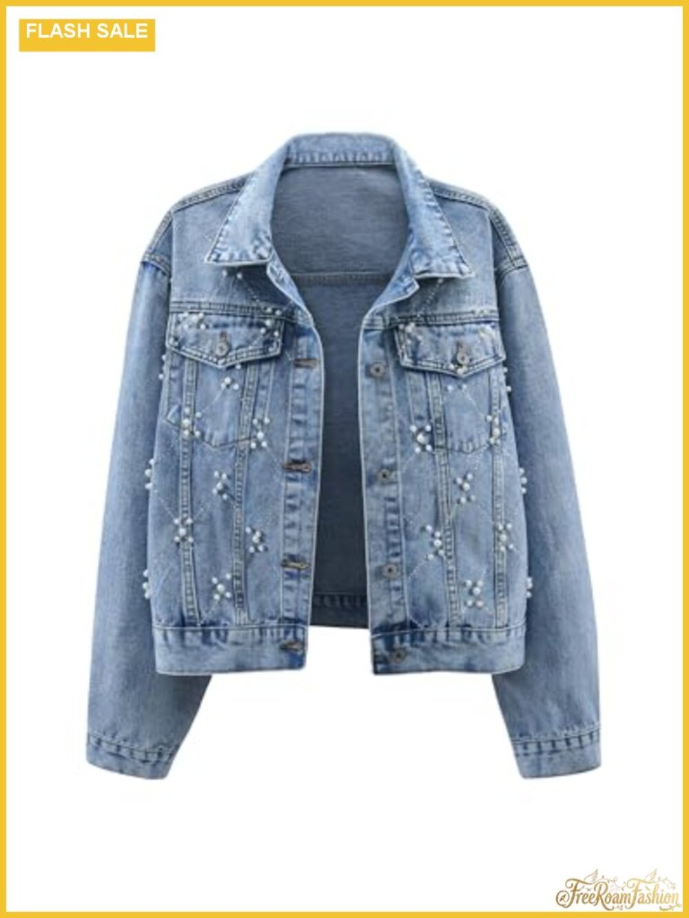 Oversized Denim Jacket Women Embroidered Pearl Beaded Jean Coat Fall Outerwear